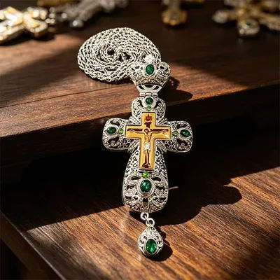 Silver Plated Orthodox Pectoral Cross Necklace with Green Gems for Clergy Liturgy Prayer Devotion Christian Religious Gift Jewel