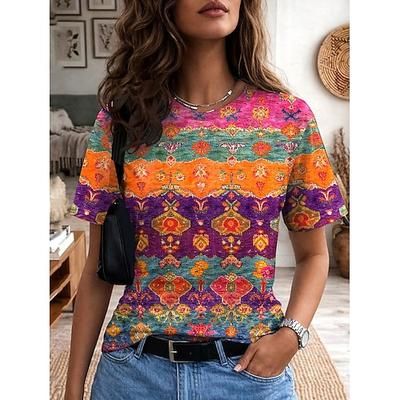Per donna Maglietta Stampato Grafico Astratto Vintage Elegante Classico Manica Corta Girocollo Scollo a V Top Regolari Casuale Quotidiano Weekend Blu Nero Giallo Viola Marrone Estate Primavera