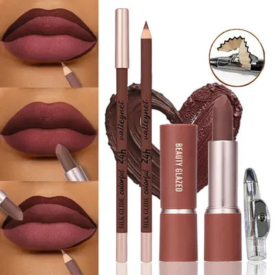 3 In 1 Lip Makeup Kit with Lip Liner,Lipstick&Sharpener, Waterproof Long Lasting Matte Lipstick Set,Silky Contour Lip Cosmetics