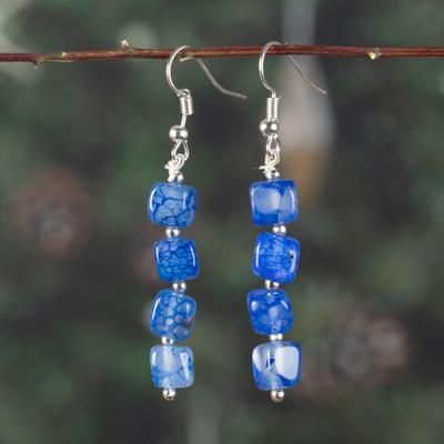 'Geometric Dangle Earrings with Cushion-Cut Blue Quartz Gems'