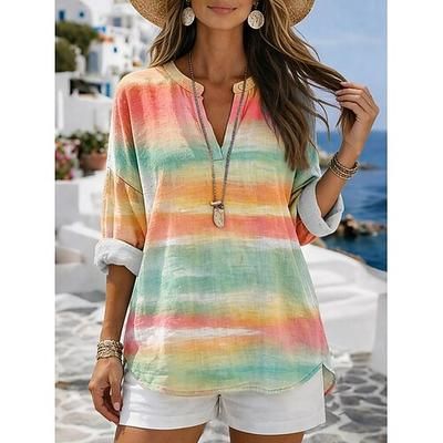 Per donna Blusa Stampato Grafico Geometrico Vintage Quotidiano Elegante Manica Lunga Scollo a V Top Regolari Casuale Quotidiano Blu Giallo Viola Arancione Estate Primavera