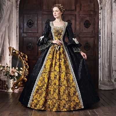 Rococò Barocco Abito da Ballo Lunghezza al pavimento Vestito Abito da Ballo Lunghe Principessa Sposa Pizzo Floreale Abito da ballo Collo quadrato Costume Per donna Reale Halloween Carnevale Mascherata