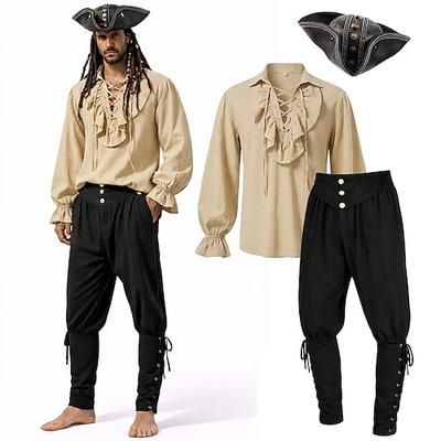 Set Medievale Rinascimento Costume di fantasia Camicia Pantaloni da pirata Lunghe Pirata Vichingo Costume Per uomo Vichingo Costumi da pirata Halloween Carnevale Performance LARP Fiera Rinascimentale