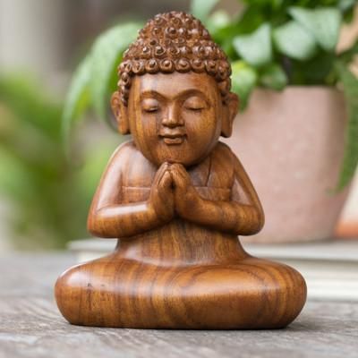 'Artisan-Made Polished Suar Wood Buddha Sculpture from Bali'