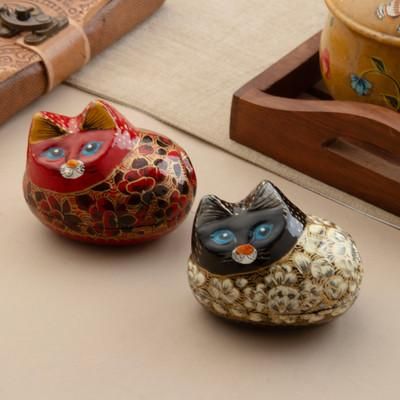 '2 Cat-Themed Papier Mache Decorative Boxes with Floral Motif'