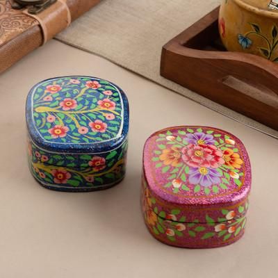 Blossom Gleam,'2 Wood and Papier Mache Decorative Boxes with Floral Designs'