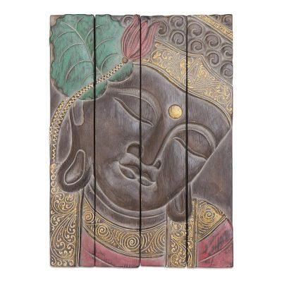 Buddha Visage in Brown,'Four Panel Wood Wall Panel Buddha in Brown'