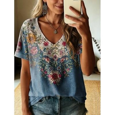 Per donna Maglietta Stampato Grafico Piante Elegante Classico Casual Manica Corta Scollo a V Top Regolari Casuale Quotidiano Blu Beige chiaro Viola chiaro Viola Verde Estate Primavera