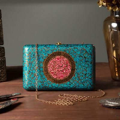 Turquoise Hazara,'Turquoise Floral Wood Papier Mache Sling Clutch Evening Bag'