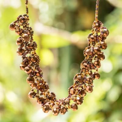 'Brown Golden-Hued Crystal Glass Beaded Statement Necklace'
