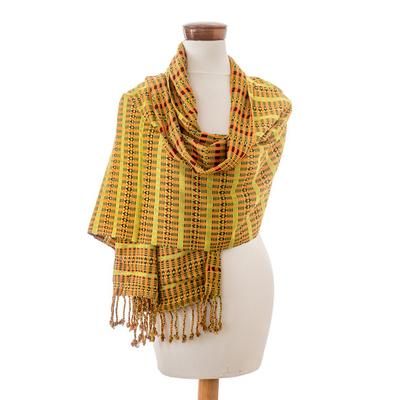 Chartreuse Sunday,'Geometric Chartreuse and Brown Cotton Shawl from Guatemala'
