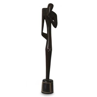 Wood statuette, 'Thinking Shadow' - Sese Wood Sculpture
