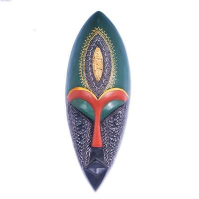 Face of Favor II,'Elongated Wood and Embossed Brass Aluminum African Wall Mask'