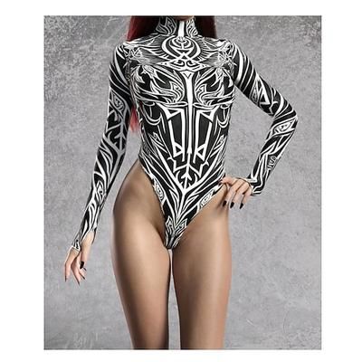 body da donna cyber mech a taglio alto, body a maniche lunghe stampato in 3D, tuta da guerriera robot futuristica, outfit sexy per rave party, abbigliamento da festival