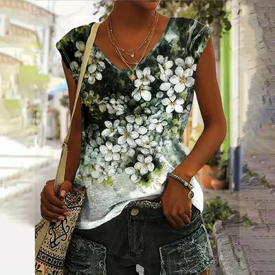 T-shirt à col en V imprimé floral 3D pour femmes, t-shirts personnalisés, haut en fibre, streetwear d'été, nouveau