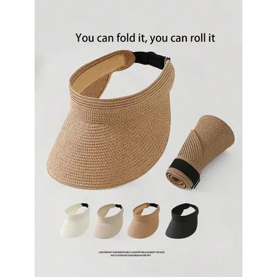 1 pièce Visière de soleil en paille tendance pour femme, à large bord, pliable et enroulable, pour l'été et la plage