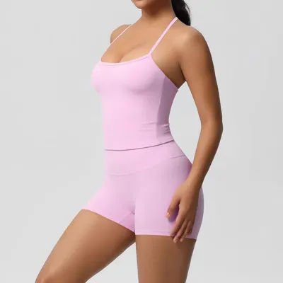 Ensemble de sport yoga pour femme : Haut dos nu, short taille haute, legging sans couture, soutien-gorge, gilet, extensible, côtelé, effet push-up fessier