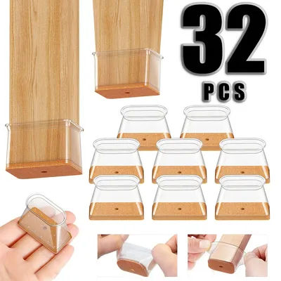 32Pcs Rectangle Chair Leg Floor Protectors for Hardwood Floor, Silicone Clear Felt Furniture Pads, No-Noise & Non-Slip Leg Caps