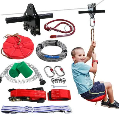 DIY Zip Line Kit Weatherproof Hand Held Pulley Adjustable Height Swing Set for Backyard School Playground Fun