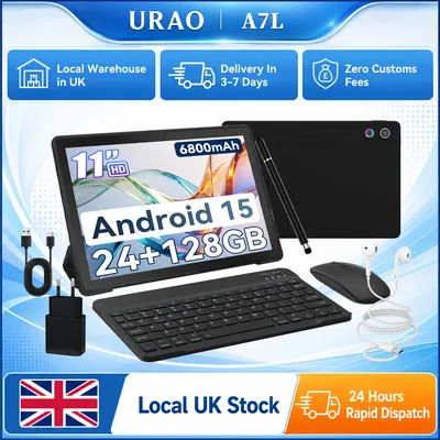 URAO A7L 10.95 Inch Tablet PC Octa Core A523 Android 15 24GB RAM+128GB ROM 6800mAh Battery HD Screen Dual Camera Bluetooth Keyboard Mouse Stylus Full Set Gaming Learning Office Tablet