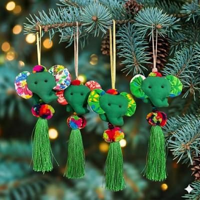 'Elephant-Themed 4-Piece Cotton Blend Ornament Set in Green'