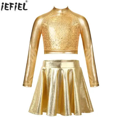 Kids Girls Latin Jazz Dance Outfit Metallic Long Sleeve Sequin Crop Top with Skirts Figure Skating Stage Performance Dancewear