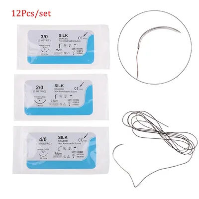 12PCS 75cm 2/0 3/0 4/0 Dental Surgical Needle Silk Braided Medical Thread Suture Surgical Practice Kit Student Supplies