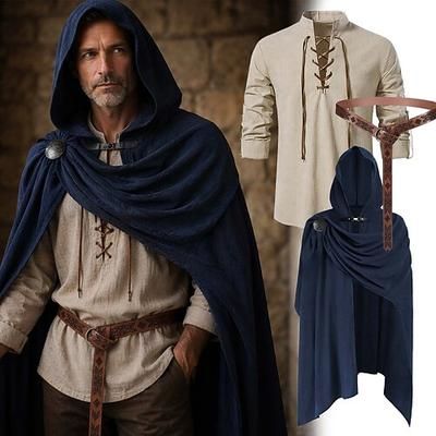 Set Medievale Rinascimento Cintura in Vita Camicia Mantello con Cappuccio Lunghe Pirata Vichingo Costume Per uomo Halloween Carnevale Performance LARP Fiera Rinascimentale Adulti Camicia Cintura