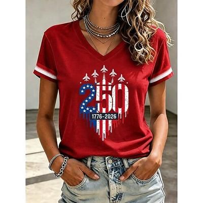 Giorno dell'Indipendenza Americana Per donna Maglietta Stampato Grafico Bandiera Americana Vintage Elegante Classico Manica Corta Scollo a V Top Regolari Casuale Quotidiano Blu Bianco Rosso Estate