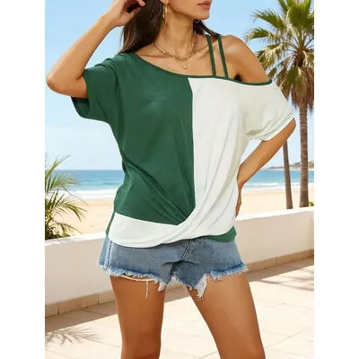 Haut color block pour femmes, vert et blanc, asymétrique, épaules dénudées, manches courtes, ample, décontracté, t-shirt d'été