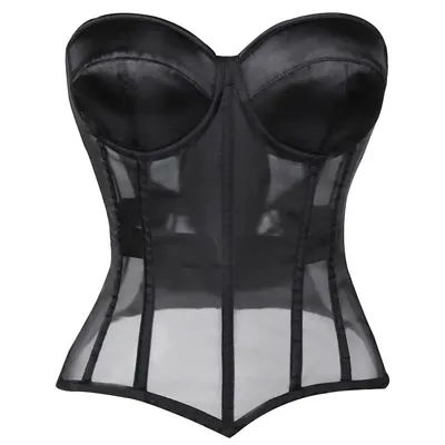 Haut corset sans bretelles en maille transparente pour femme, décolleté cœur, dos lacé, avec baleines pour sculpter la taille