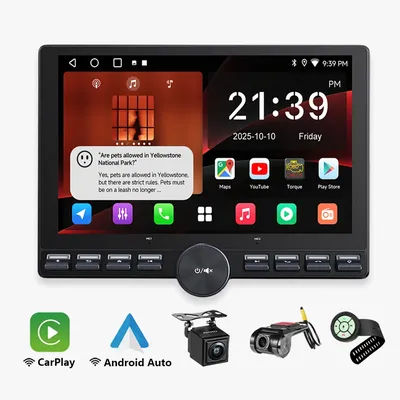 Autoradio Android 10 pouces avec écran rétractable, bouton physique, caméra, CarPlay, Android Auto, Bluetooth, radio, lecteur multimédia 1 Din pour voiture