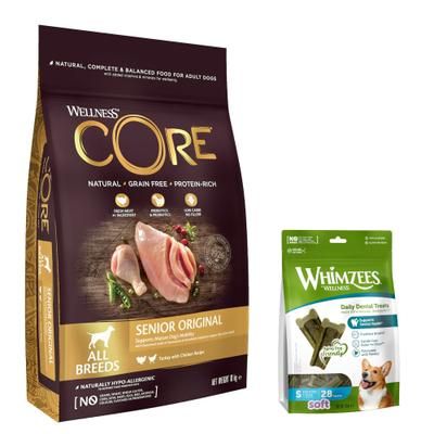 10kg All Breeds Senior Original Dry Dog Food Wellness Core + 28 pieces Soft Size S: for small dogs Dog Snacks Whimzees