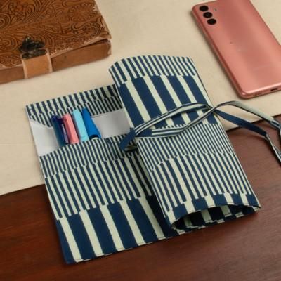 'Artisan-Made Blue and Ivory 100% Cotton Roll Pencil Case'