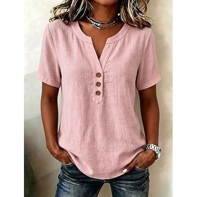Per donna Blusa Tinta unica Vintage Elegante Essenziale Manica Corta Scollo a V Top Regolari Casuale Quotidiano Blu Cachi Rosa Verde scuro Estate Primavera