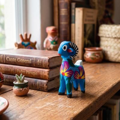 Resplendent Ram,'Wood Alebrije Figurine of a Blue Ram with Curved Horns'