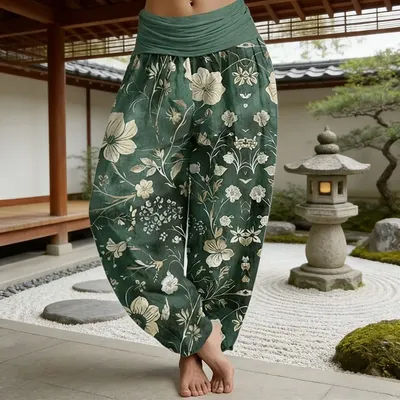 Pantalon Harem Floral Japonais Harajuku Confortable pour Femme, Vert Vintage, Coupe Large, avec Revers, Style Thaïlandais, en Coton Ultra-Doux, Idéal pour la Détente