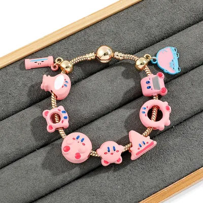 Gold Plated Kirby Charm Bangle Bracelet Pink Kirby Enamel Charms Kawaii Anime Themed Jewelry for Fans Wire Bangle Accessory