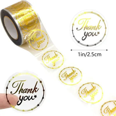500Pcs 1" Gold Foil Thank You Stickers Roll, Star Border Elegant Labels for Gift Wrapping, Small Business Packaging & Wedding