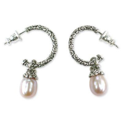 Blushing Rose,'Sterling Silver Cultured Pearl Half Hoop Earrings'