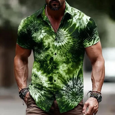 Chemise pour homme à imprimé tie-dye dégradé 3D, col rabattu, manches courtes, boutonnée, bleu, violet, vert, pour le printemps et l'été
