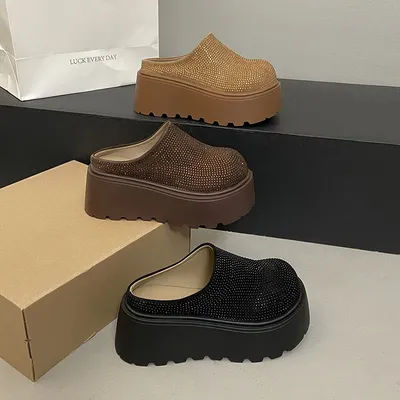 Mules chaussures pour femmes pantoufles décontractées compensées couverture orteil diapositives cristal décoré semelle épaisse confortable polyvalent chaussons pour femmes