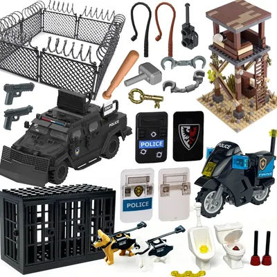 MOC Prison Scene Building Blocks Accessories Cage Police Shield Patrol Motorcycle Sentry Tower Handcuffs Bricks Boys DIY Toy S14