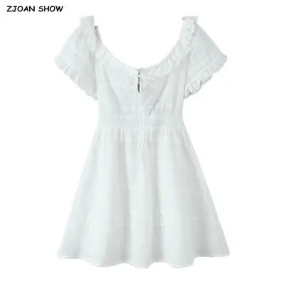 Robe Courte Blanche Broderie Évidée à Oreilles de Chat, Col Rond, Manches Bouffantes, Découpes au Dos, Mini-Robe d'Été pour Femme