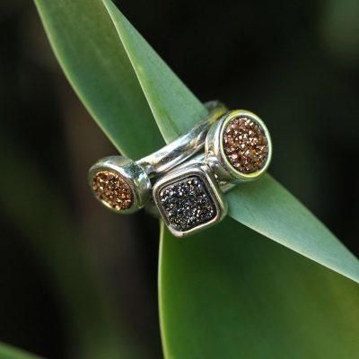 Samba Glitz,'Unique Rhodium Plated Multi-Stone Drusy Rings (Set of 3)'