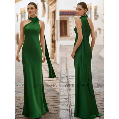 Robes de soirée chics personnalisées pour femmes, robe de célébrité sirène en satin vert noirâtre, col haut, fleurs 3D, châle, robe de bal longue