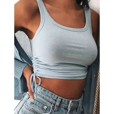 Débardeur froncé sans manches pour femmes, t-shirt solide, décontracté, mode, haut court pour dames, haute rue, cravate, Croptop, Fitness, été