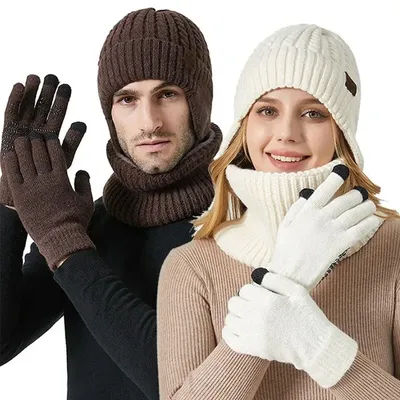 3 pièces/ensemble hiver chaud bonnet chapeau écharpe doux laine polaire doublure foulards extérieur tricoté oreille Protection casquette pour hommes femmes
