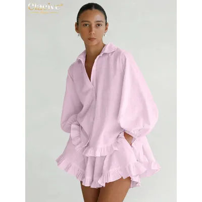 Clacive mode ample rose rayure ensemble short et haut 2 pièces femme 2025 élégant chemise à manches longues avec taille haute à volants ensemble short et haut
