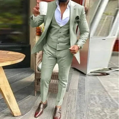 Costume 3 Pièces Vert Trempé pour Homme, Slim Fit, Formel, Business, Bureau, Décontracté, pour Mariage, Marié, Smoking, ix( Veste + Pantalon + Glace)